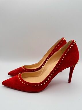 Christian Louboutin Anjalina 85 Veau Velours Flamenco Gold Stud Heels 37